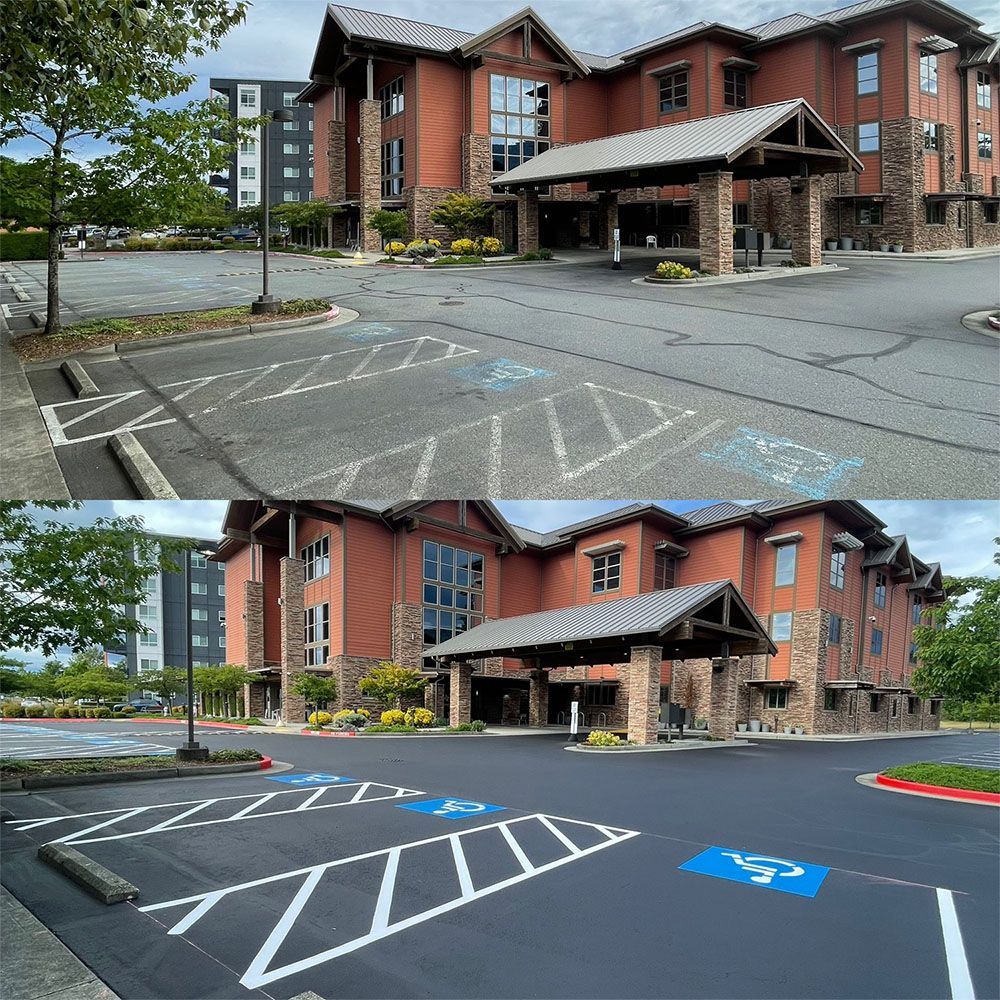 A before and after photo of a parking lot and a building