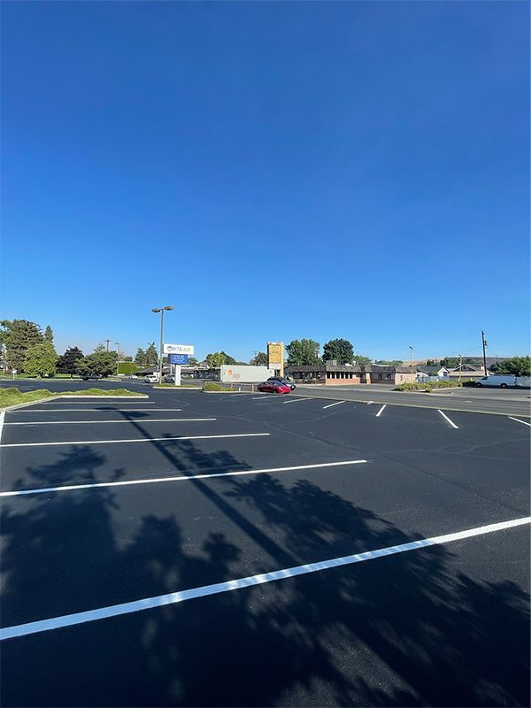 A parking lot with a building in the background and a tree in the foreground.