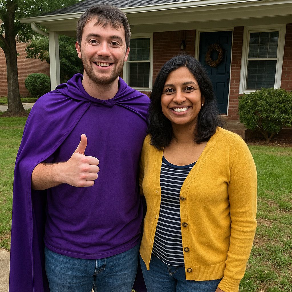 A man in a purple cape is giving a thumbs up next to a woman in a yellow cardigan
