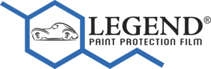 A logo for legend paint protection film with a car on it