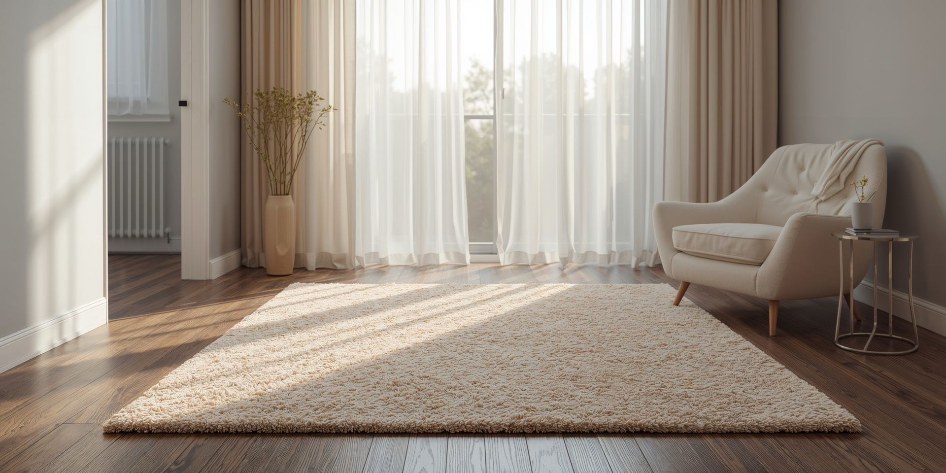 Cozy living room with a cream rug, armchair, and sheer curtains, illuminated by sunlight.