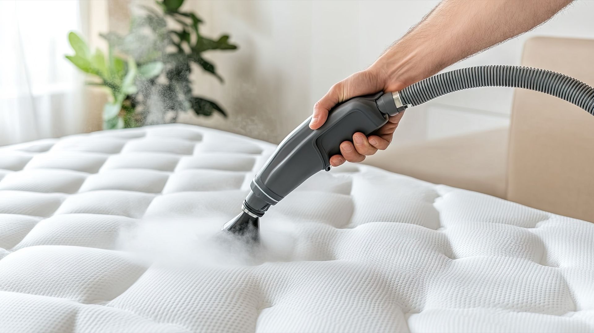 Person using a steam cleaner on a white mattress, releasing steam.
