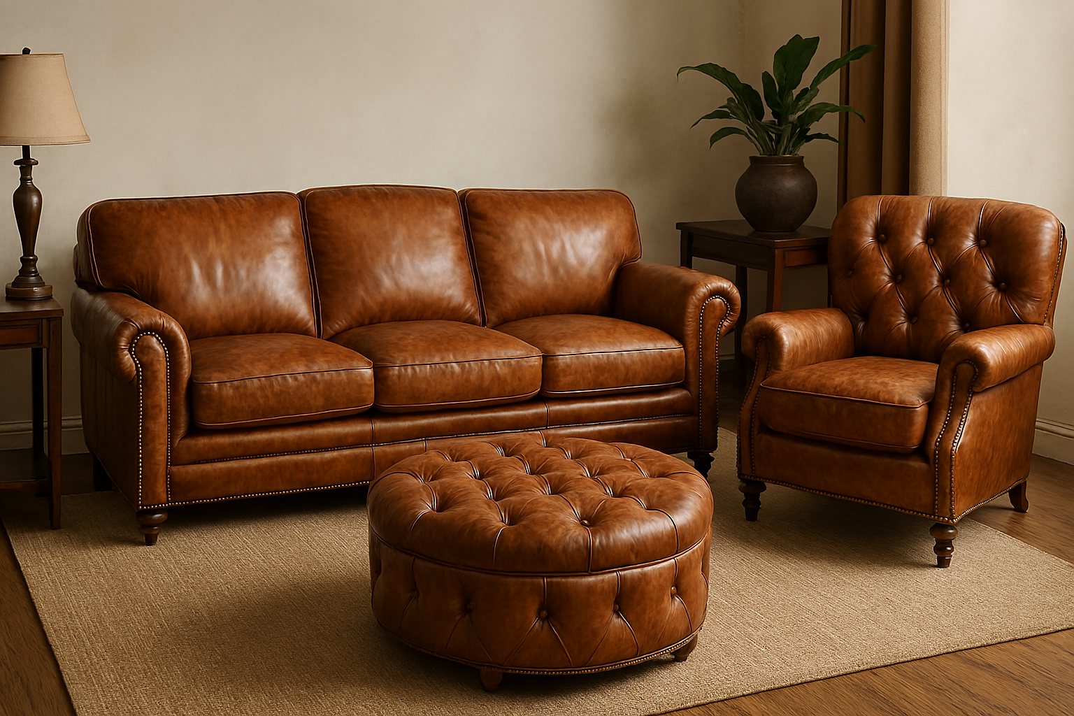 Brown leather sofa, armchair, and ottoman set in a living room, with a rug and lamp.