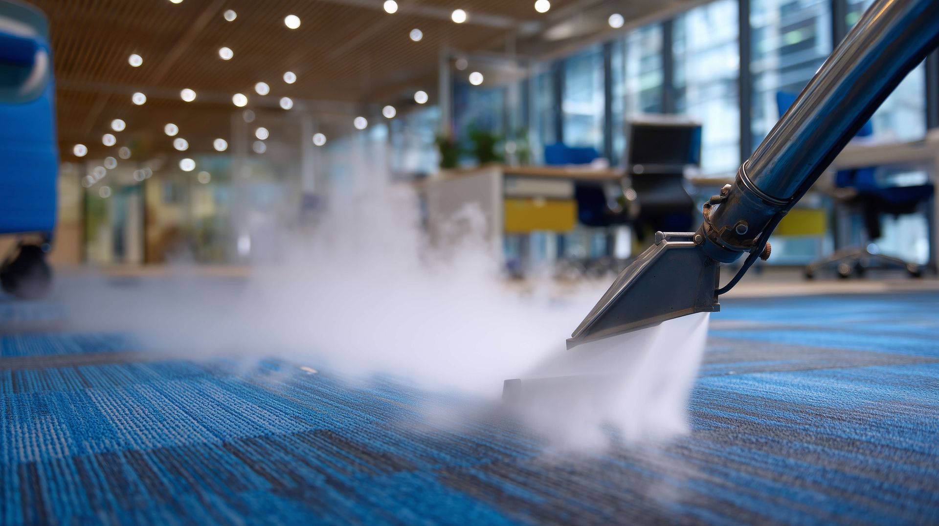 Person using carpet cleaner on beige carpet, wearing gloves.