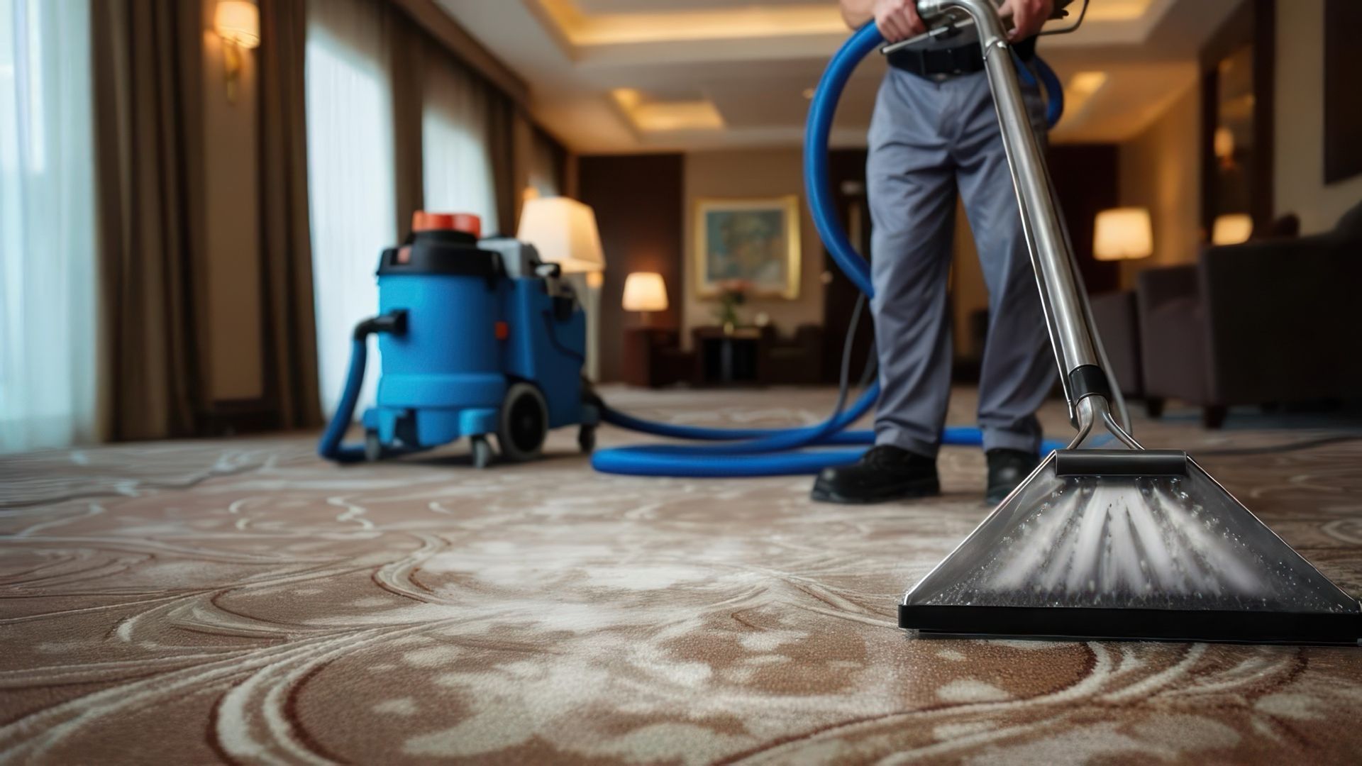Person cleaning a patterned carpet with a carpet cleaner in a hotel room.