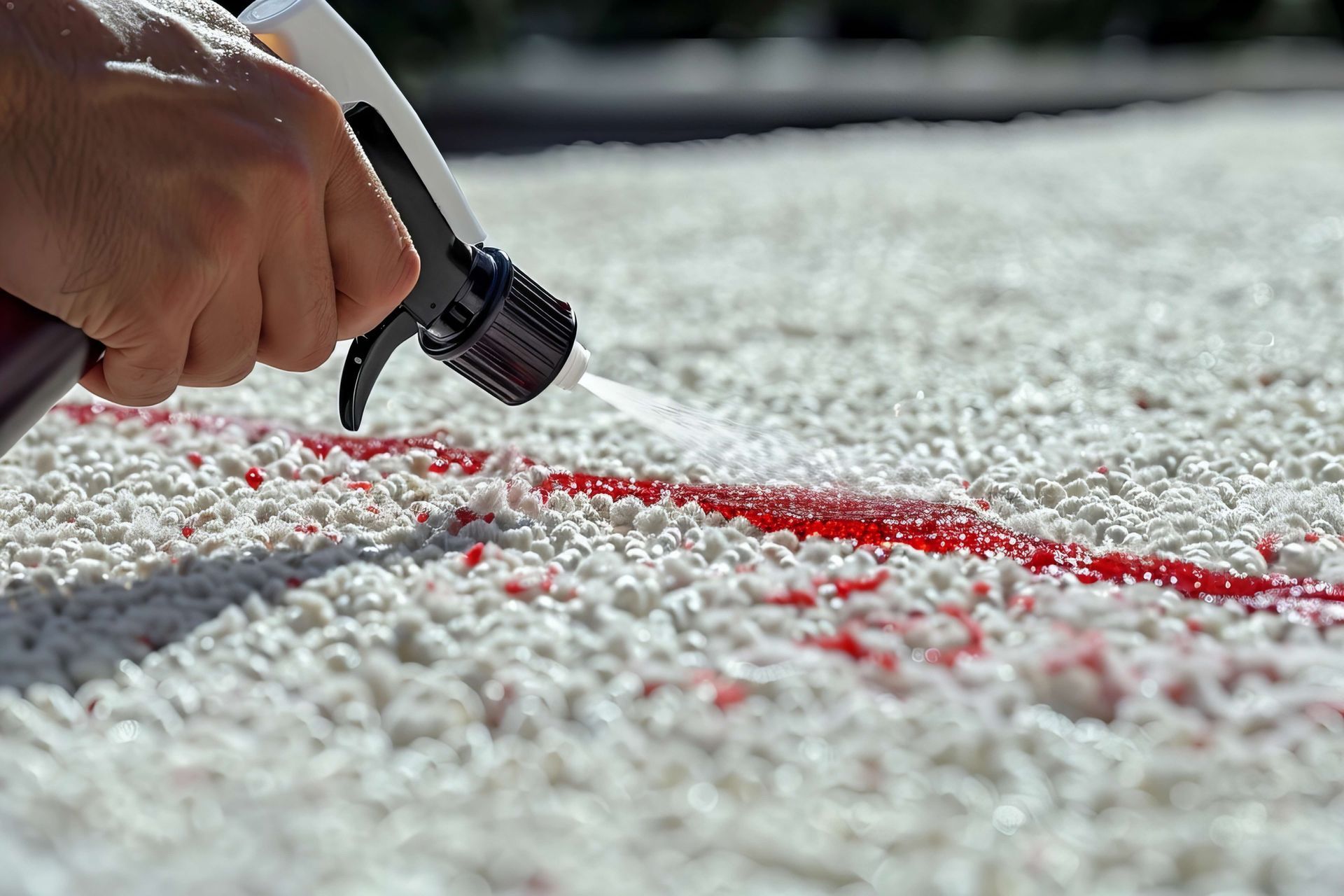 Hand spraying cleaning solution on a red stain in a white carpet.