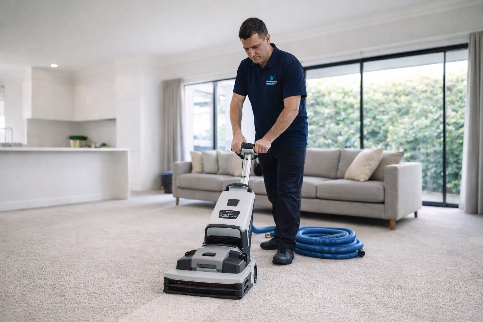 Vacuum cleaner cleaning a light-colored carpet; a clear line shows the clean section - South West Ultra Dry Carpet Cleaning