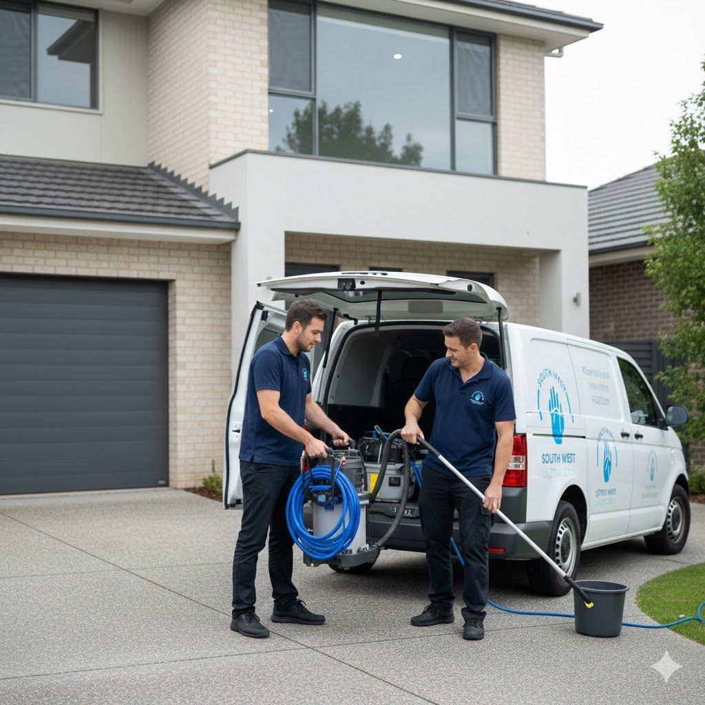Person in black gloves using a cleaning tool on a light-colored surface - South West Ultra Dry Carpet Cleaning