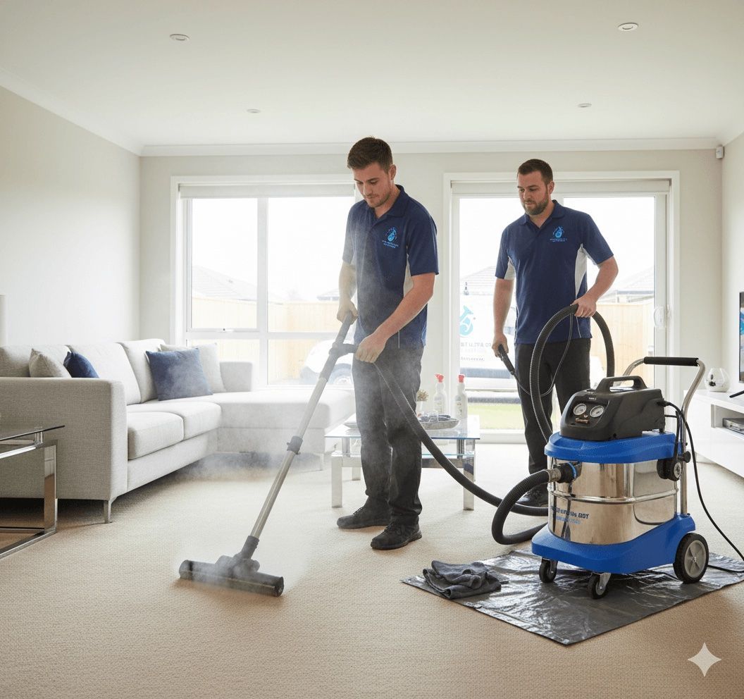 Vacuuming a blue tufted sofa with yellow pillows - South West Ultra Dry Carpet Cleaning