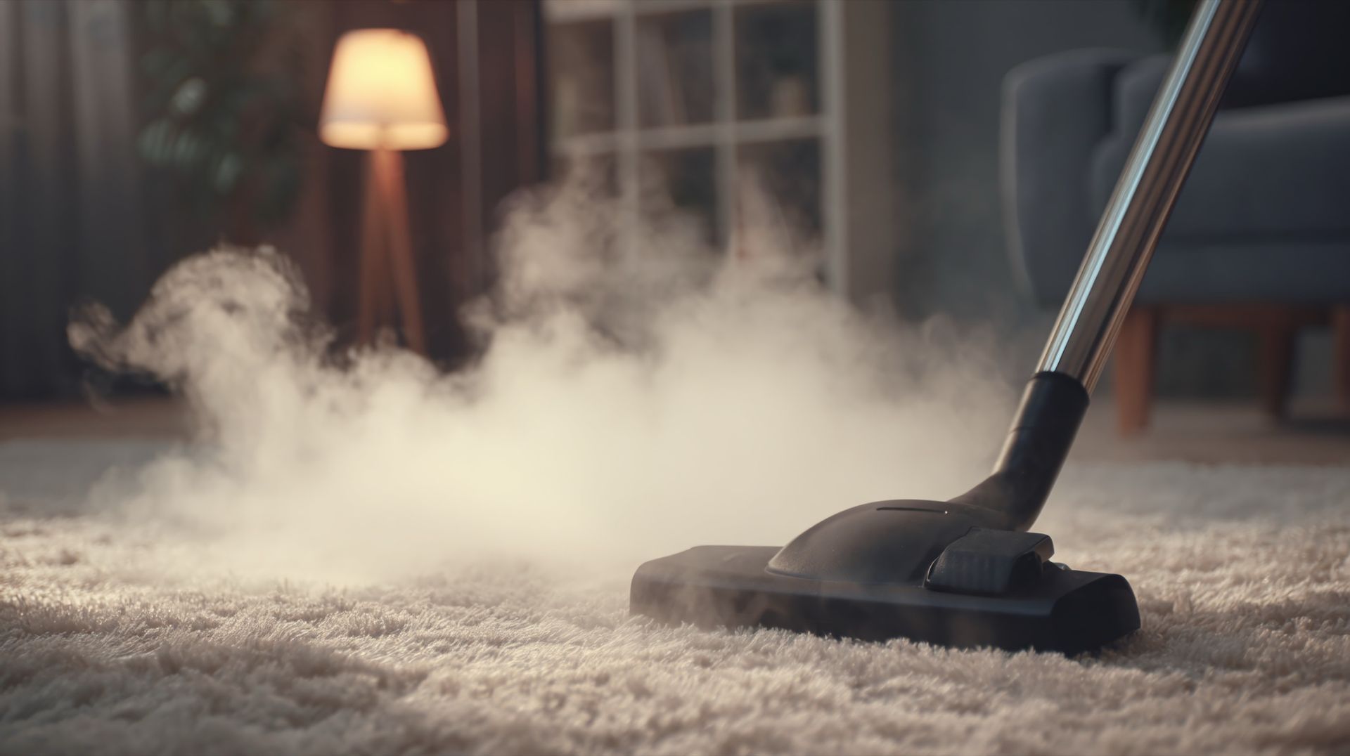 Steam cleaner vacuuming a beige carpet, creating a cloud of steam in a living room.