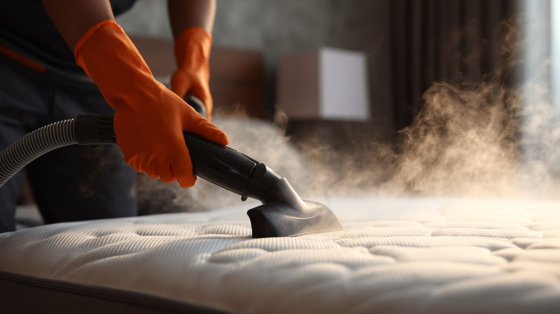 Person in orange gloves steam cleaning a mattress, releasing visible steam.