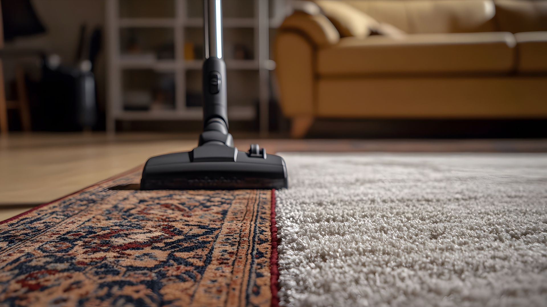 Vacuum cleaner cleaning a patterned rug, next to a lighter colored carpet in a room with a sofa.