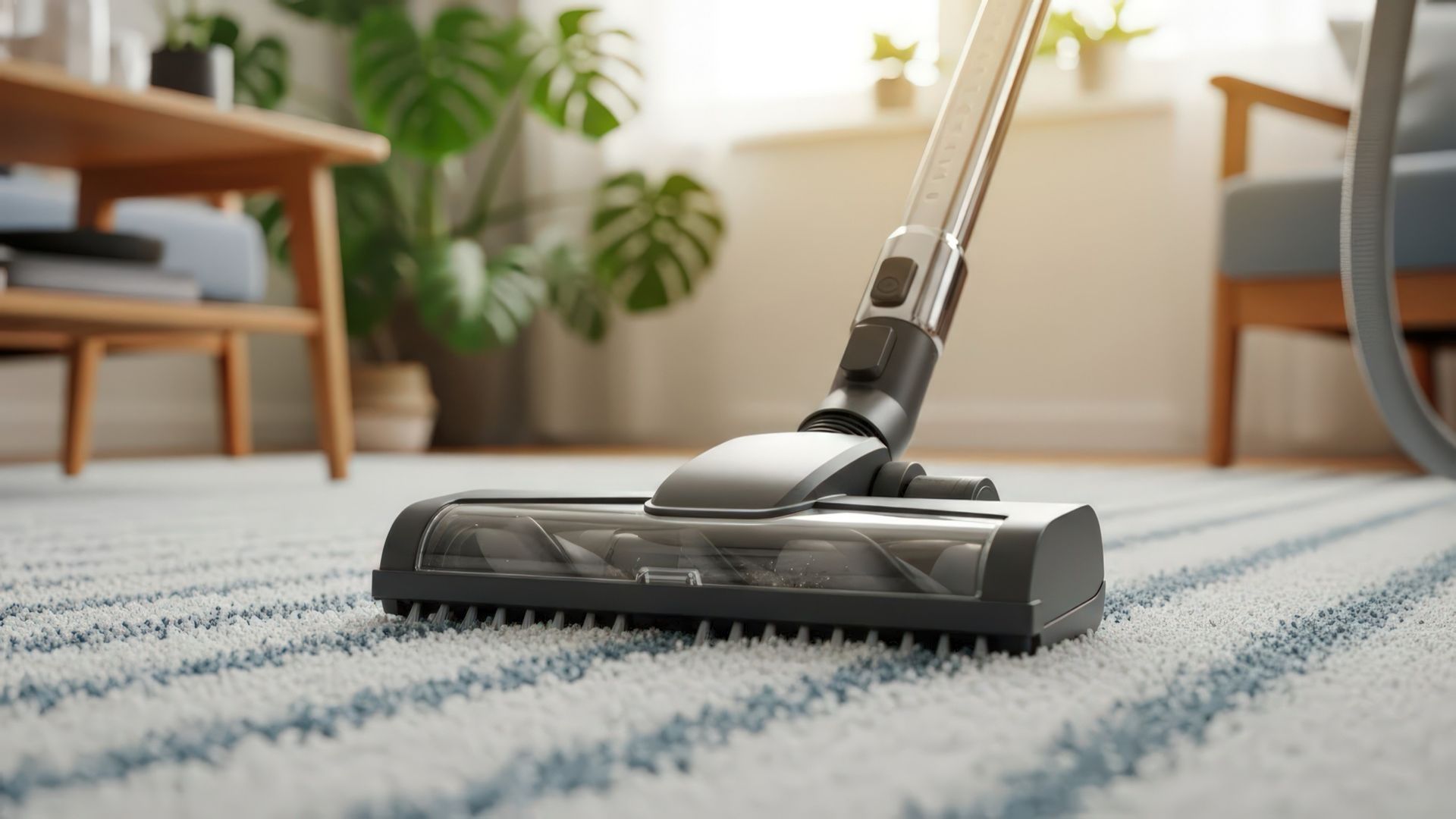 Vacuum cleaner cleaning a patterned rug indoors.