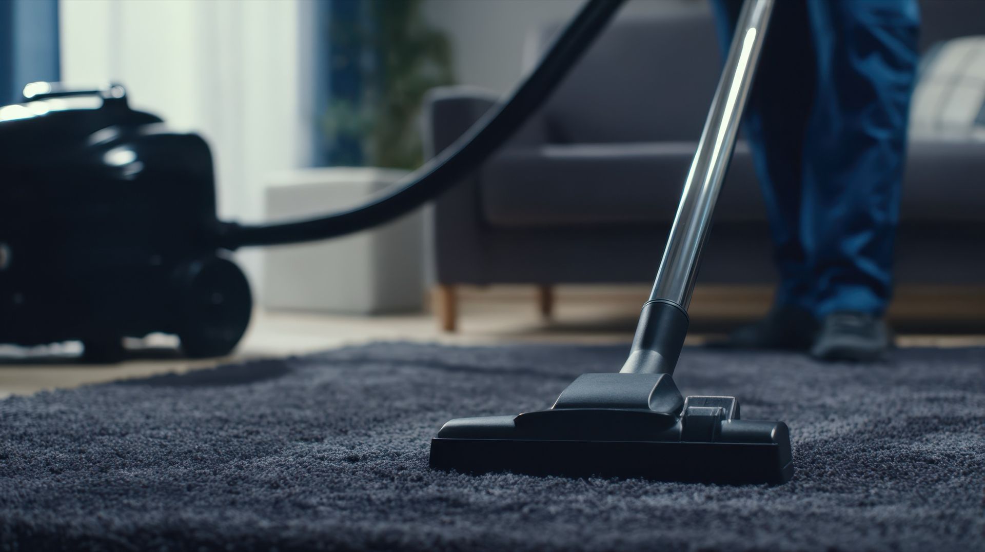Person vacuuming a dark gray rug with a black vacuum cleaner.