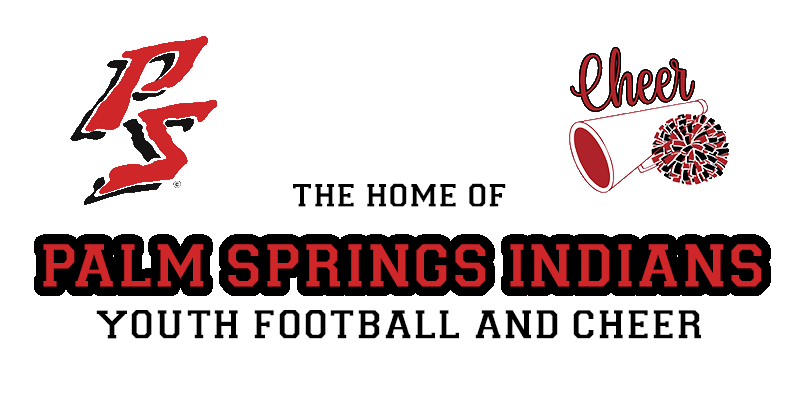 Logo for Palm Springs Indians Youth Football and Cheer with text and graphics of an arrowhead, megaphone, and pom-pom.