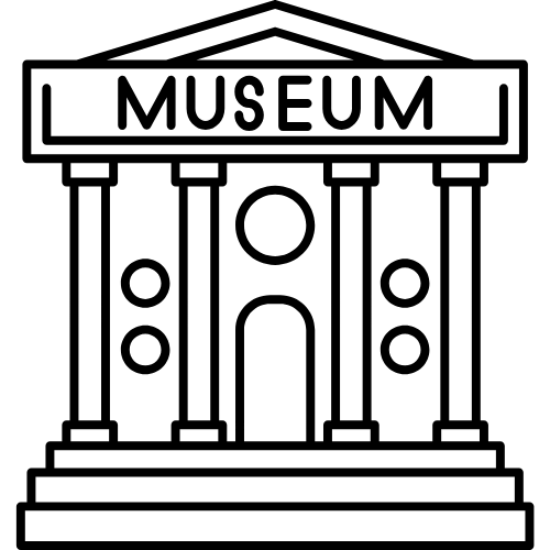 Black and white illustration of a building with columns, labeled 