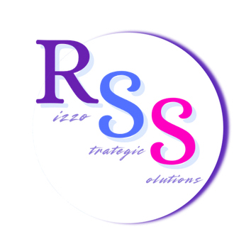 Logo with stylized purple "R", blue "S", pink "S". White circle with text: "izzo strategic solutions".
