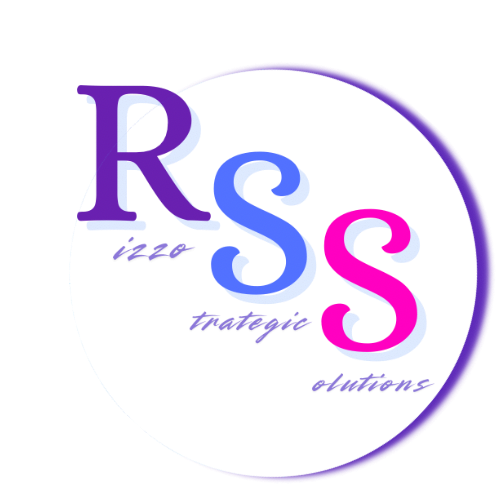 Logo with stylized purple "R", blue "S", pink "S". White circle with text: "izzo strategic solutions".