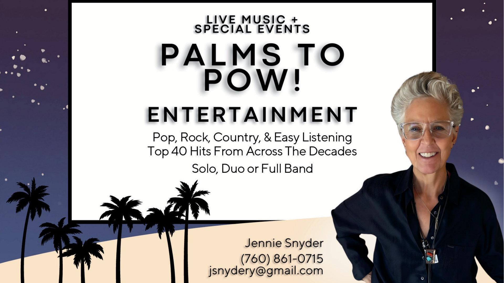 A business flyer for Palms to Pow! Entertainment featuring Jennie Snyder’s contact info and music performance details.