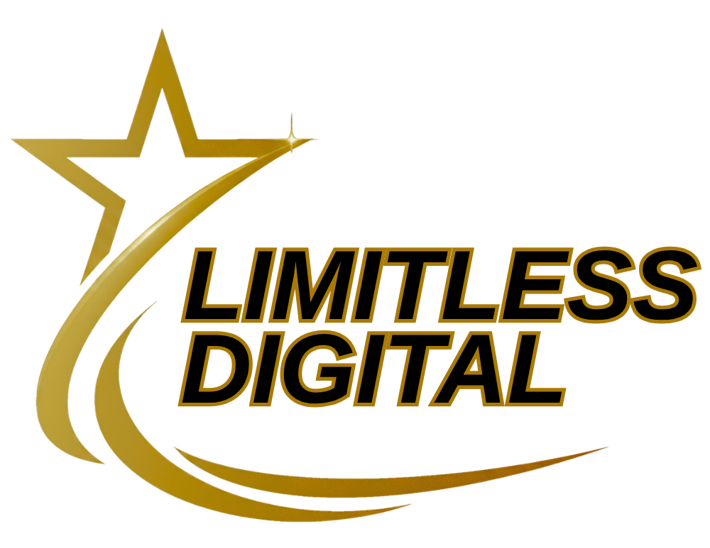 Gold star and swoosh logo with the words “LIMITLESS DIGITAL” in black and gold.