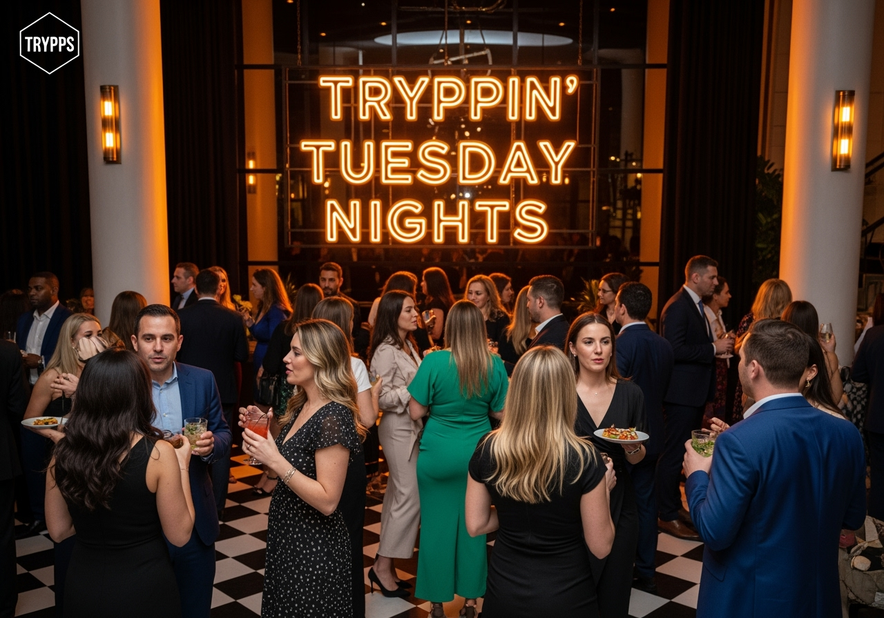 A group of people are standing in front of a sign that says tryppin ' tuesday nights.