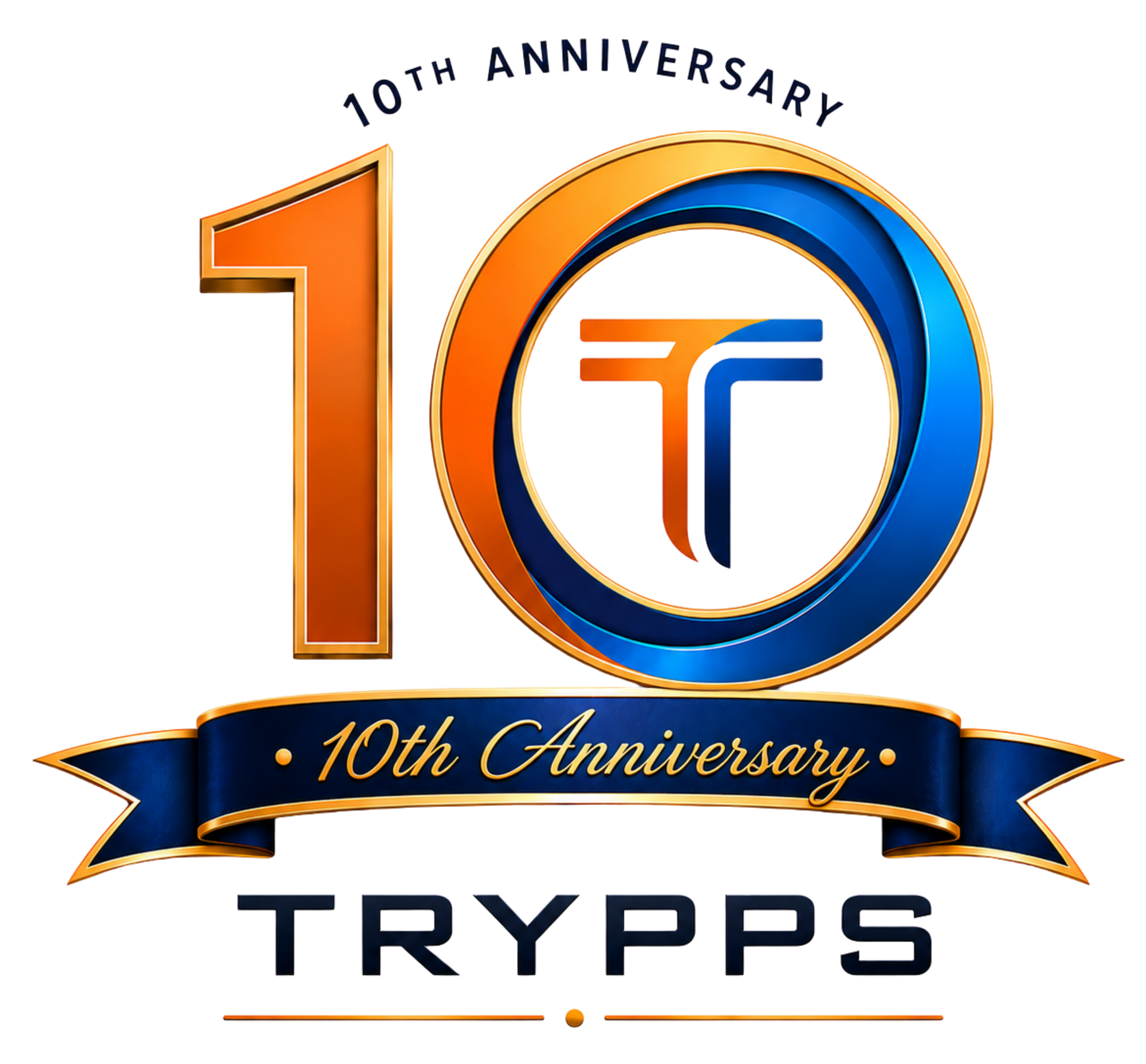 10th anniversary logo with orange and blue “10,” ribbon, and TRYPPS text