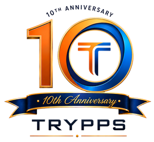 10th anniversary logo with orange and blue “10,” ribbon, and TRYPPS text