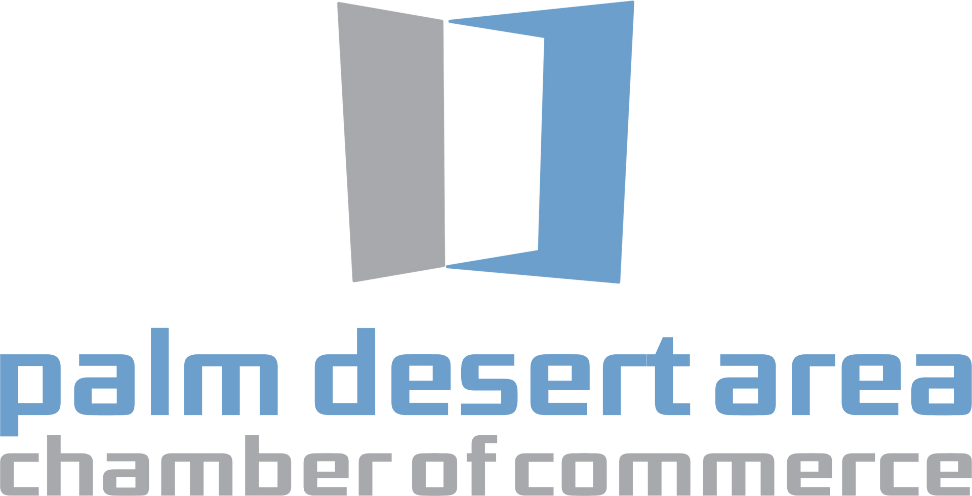 Palm Desert Area Chamber of Commerce logo with blue and gray abstract open door design and text.
