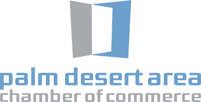 Logo for the Palm Desert Area Chamber of Commerce: stylized open door in blue and gray, with text below.