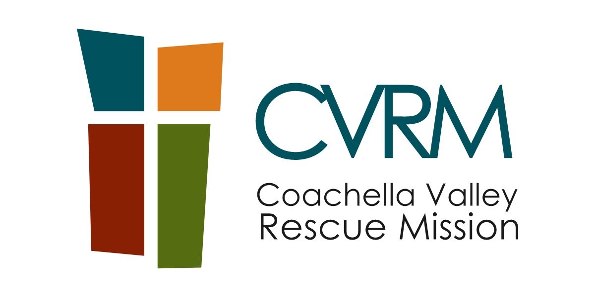 Coachella Valley Rescue Mission logo with teal, orange, and brown cross blocks and text