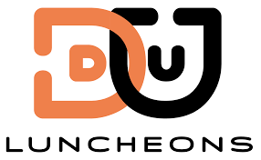 Orange and black "DU" logo overlapping, with "LUNCHEONS" below in black.