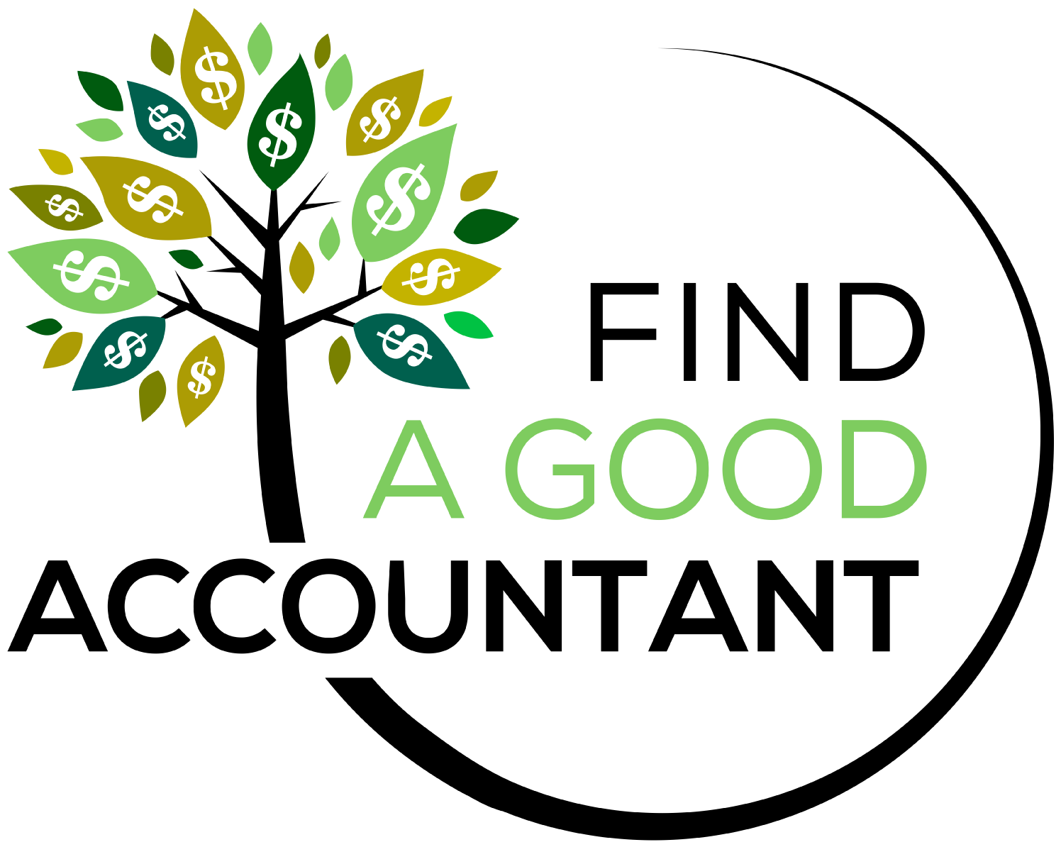 Logo: tree with dollar sign leaves, text "Find a Good Accountant" in black and green.