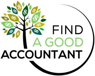 Logo: tree with dollar sign leaves, text "Find a Good Accountant" in black and green.