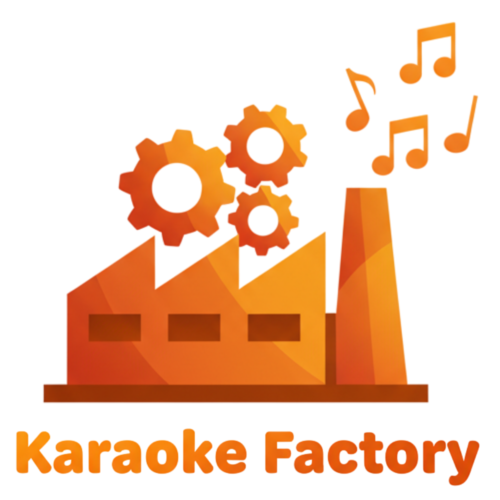 Orange logo of a factory with gears above it and music notes rising from the chimney, with the text 