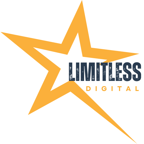 Orange starburst graphic with the words "LIMITLESS DIGITAL" in dark blue.