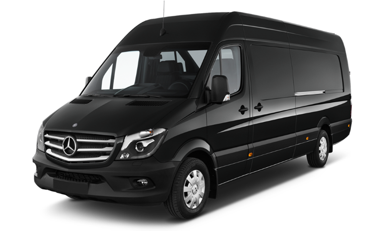 Black Mercedes-Benz Sprinter van, parked, angled view.