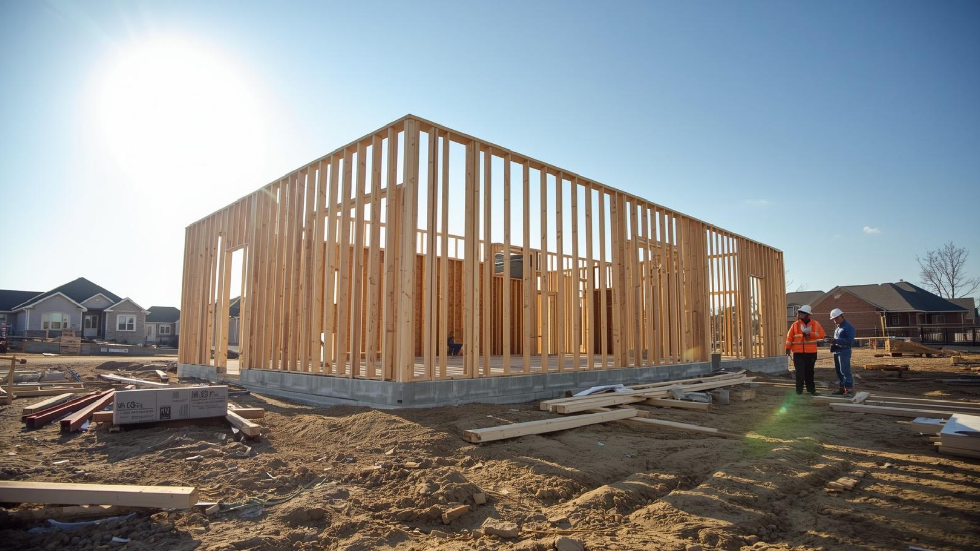 Two people in safety gear stand near a wood-framed house under construction on a sunny day in a suburban neighborhood.