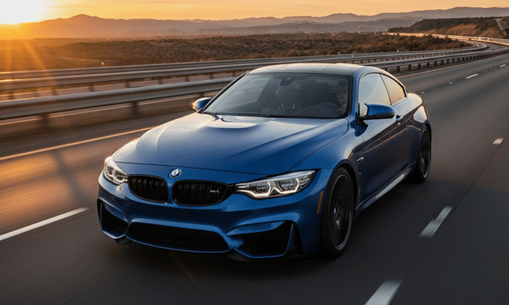 Blue BMW performance coupe driving on highway at sunset