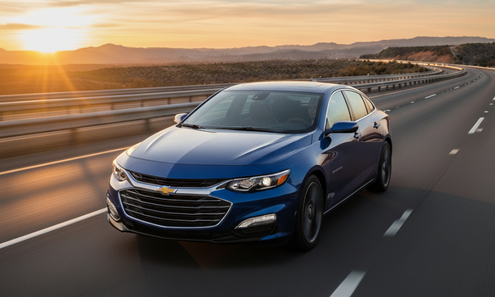 Blue Chevrolet sedan driving on highway at sunset