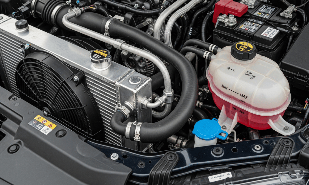 Vehicle engine bay showing radiator and coolant reservoir components