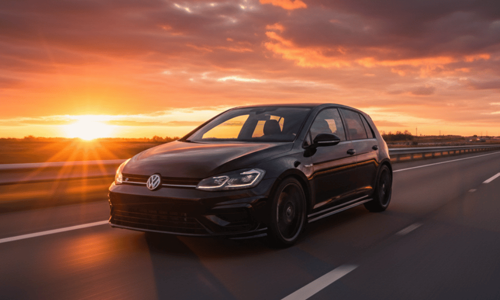 Black Volkswagen hatchback driving on highway at sunset