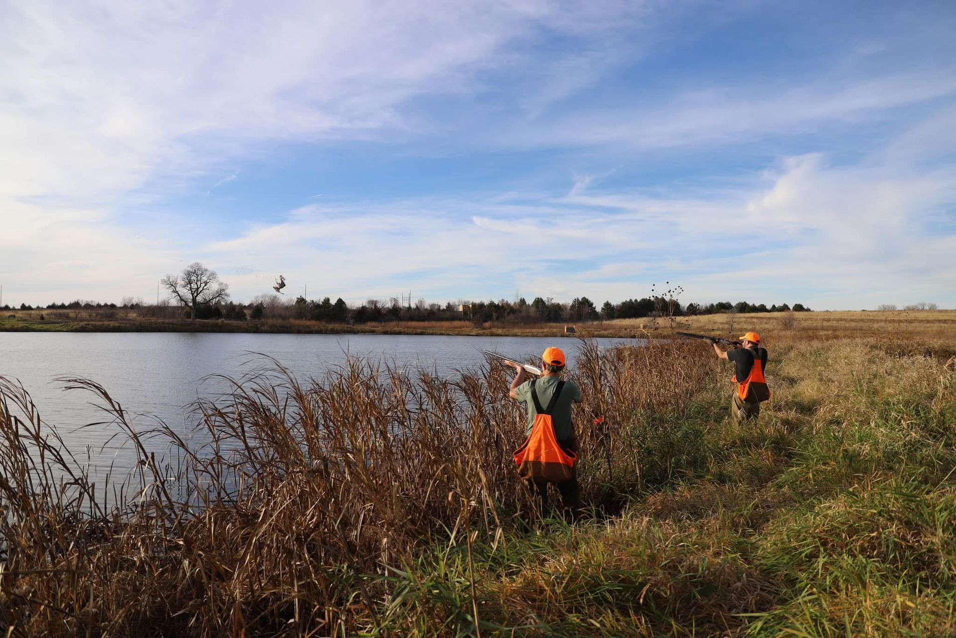 Two people in orange vests shoot near a pond in a field under a blue sky.