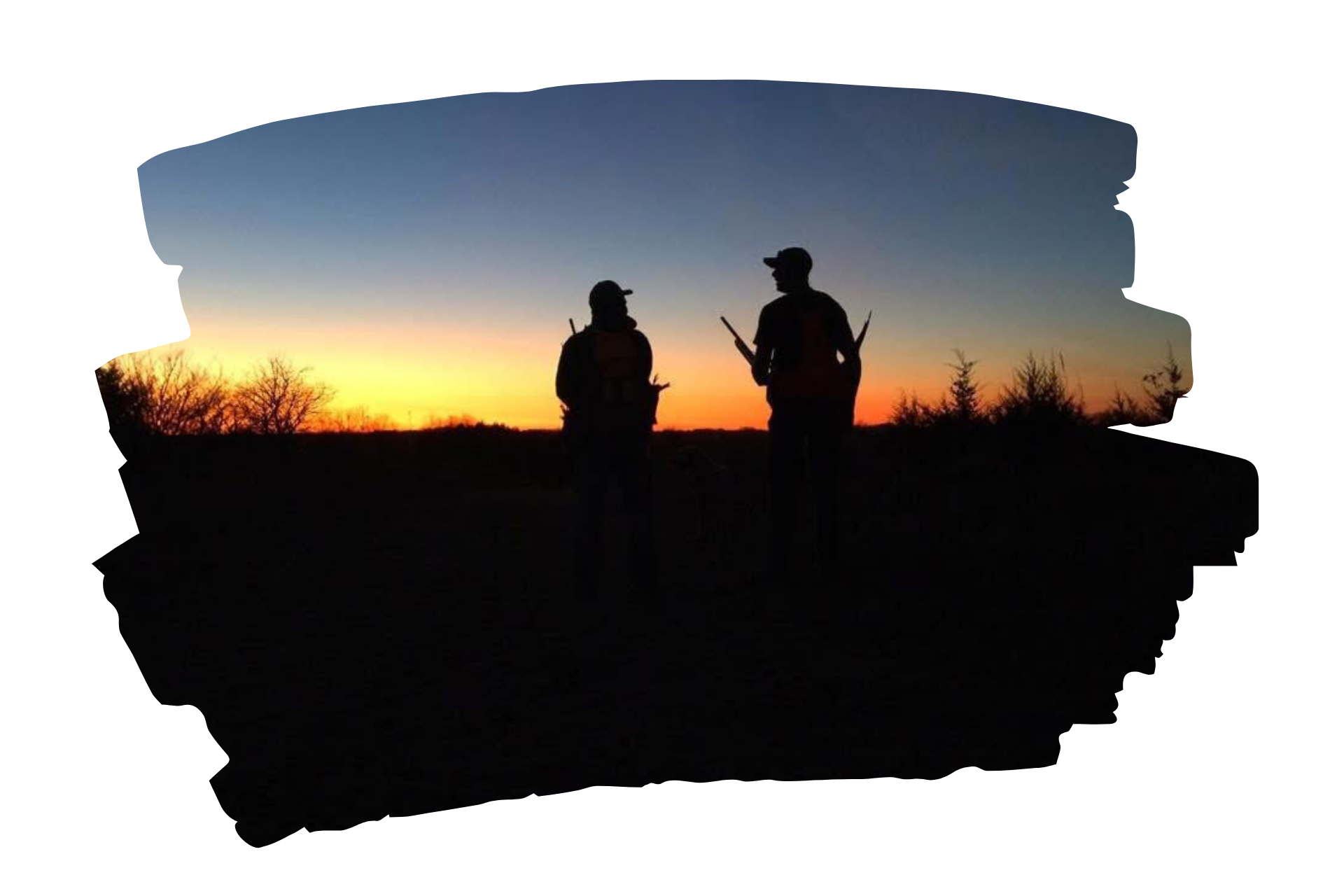 A group of hunters wearing orange vests pose with harvested ducks.