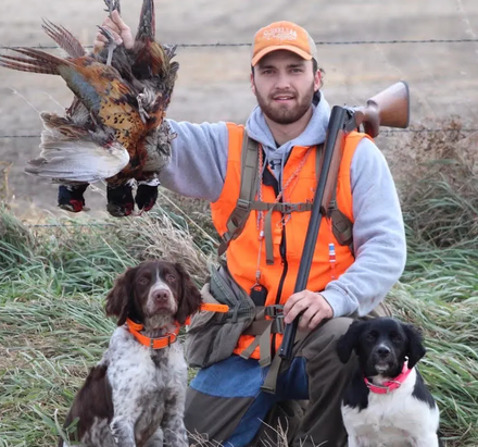 Hunter kneeling with two bird dogs, holding harvested pheasants, wearing orange vest and cap in outdoor field.