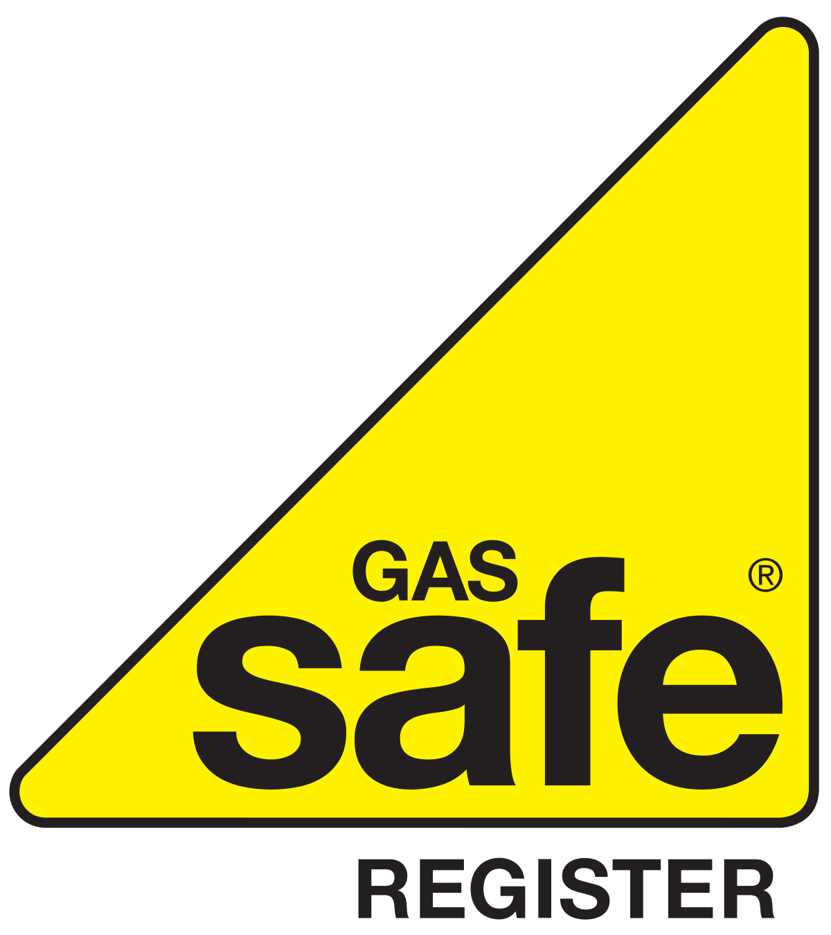 A yellow triangle with the words `` gas safe register '' on it.