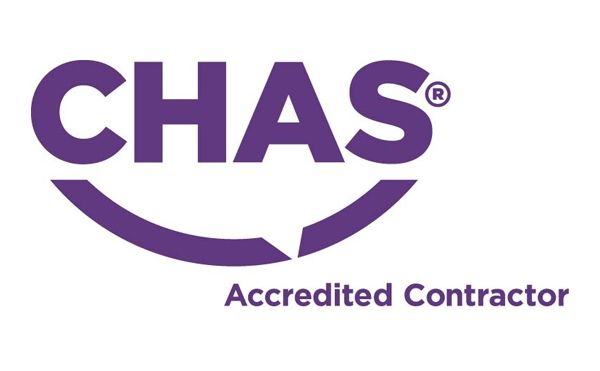 A purple and white logo for chas accredited contractor