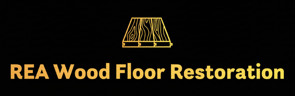 Logo for REA Wood Floor Restoration, featuring a golden outline of a wooden floor and text on a black background.
