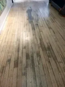 Light wood floor with dark water stains.