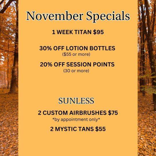 A poster for november specials with a forest in the background