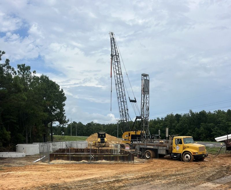 A construction site with a yellow drill rig truck, a tall crane, and a pile of dirt under a cloudy sky.